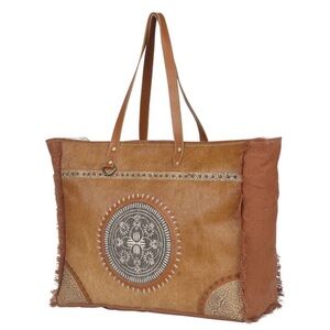 Myra Bag Brown and Tan Tote with Circular Motif